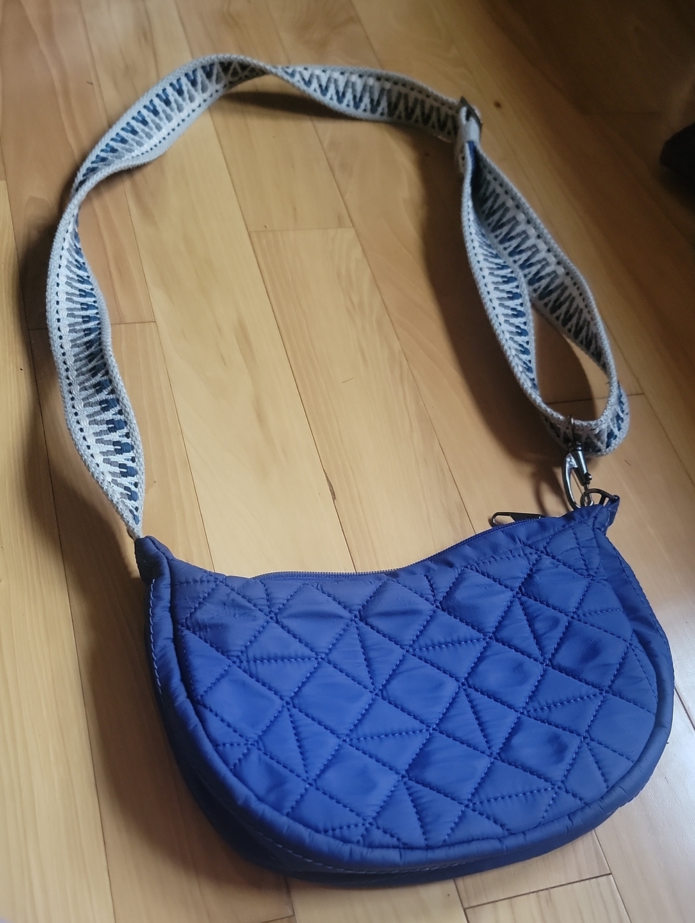 Quilted Navy Blue Crossbody Bag with Patterned Strap